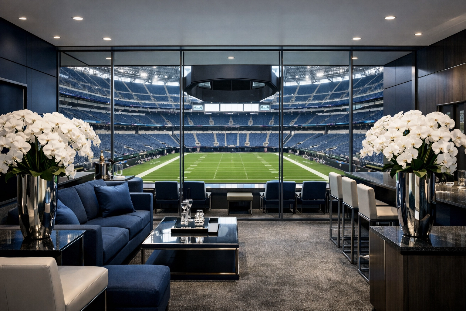 Exclusive Super Bowl VIP hospitality suite overlooking the stadium with high-end corporate branding.