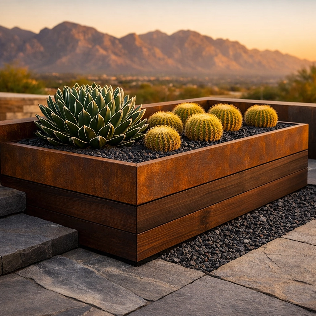 Modern custom cedar and steel planter box with cacti in a professional Tucson AZ hardscape.
