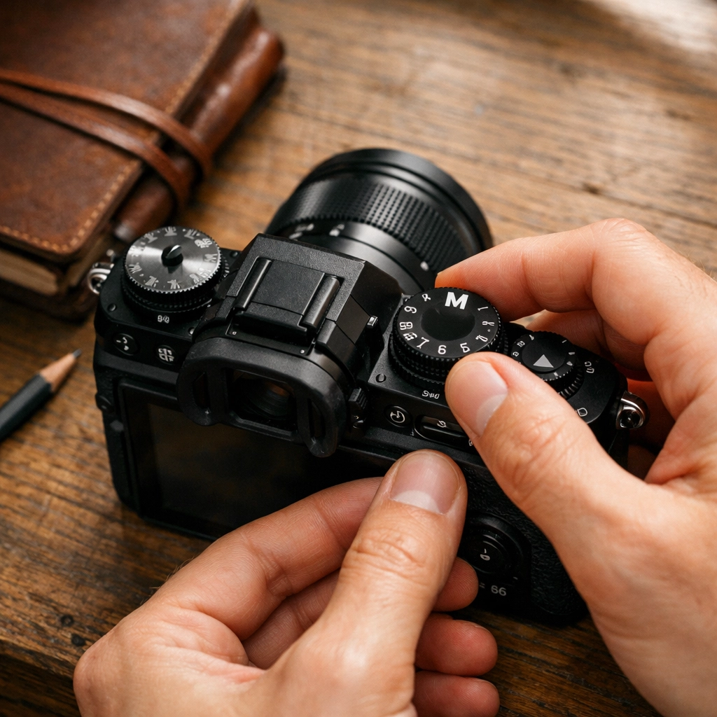 A photographer learning how to use manual mode camera settings for photography for beginners.