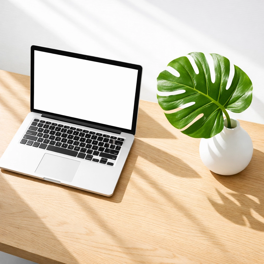Minimalist office desk with a white laptop and green plant symbolizing high-quality local Search Engine Optimization content.