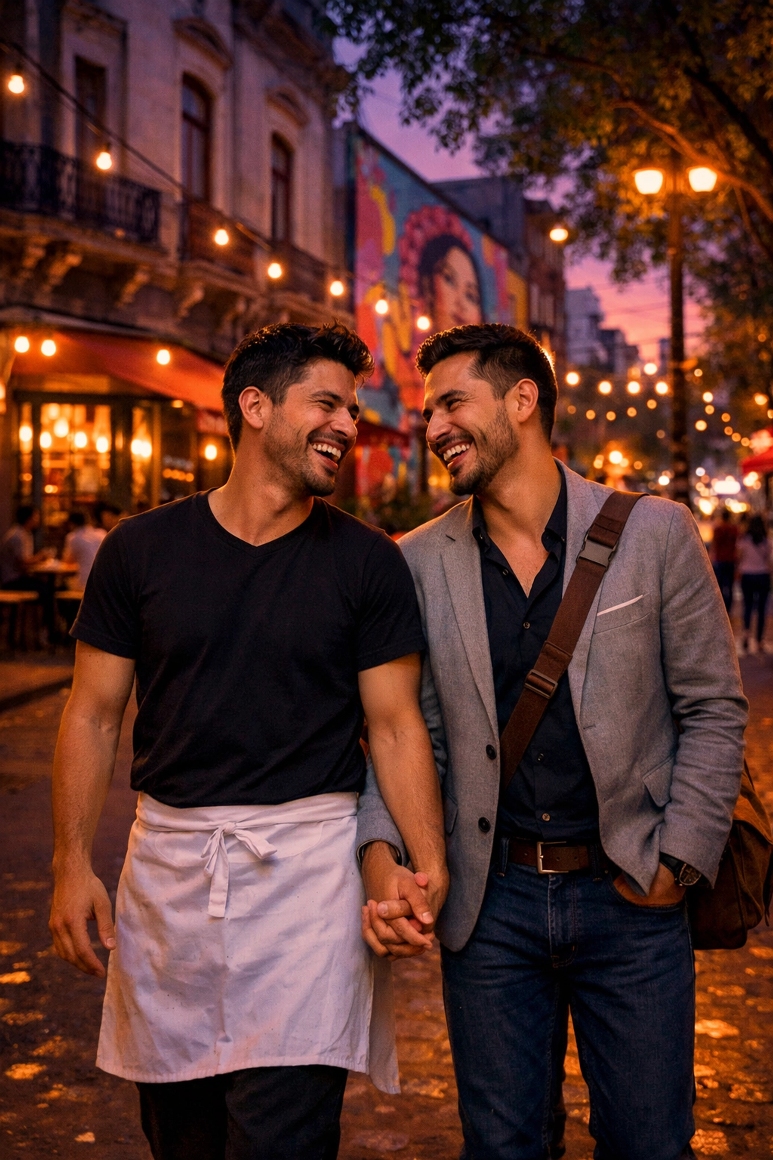 Gay couple walking hand-in-hand through tree-lined Roma Norte streets at dusk in Mexico City