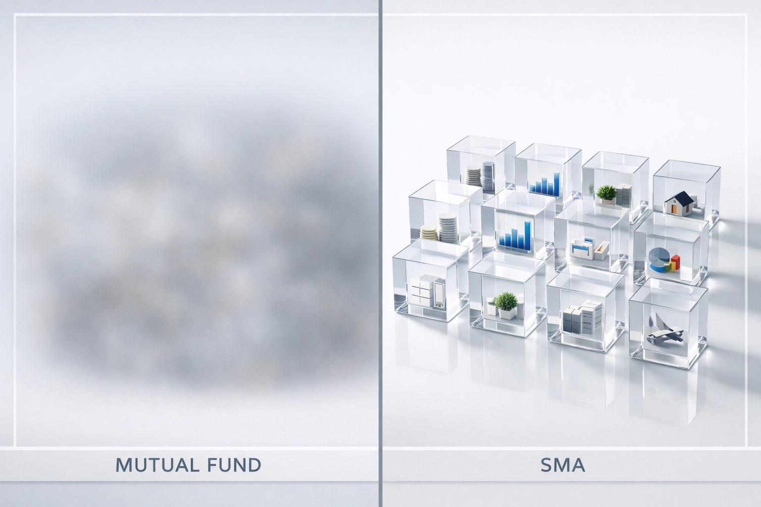 Visual comparison of mutual fund opacity versus tax-efficient SMA transparency for executives