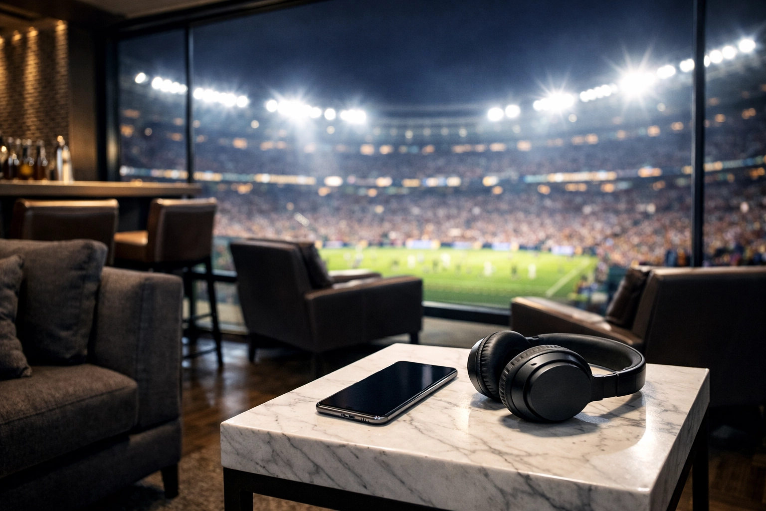 View from a professional luxury stadium suite overlooking a brightly lit field for a Super Bowl event.