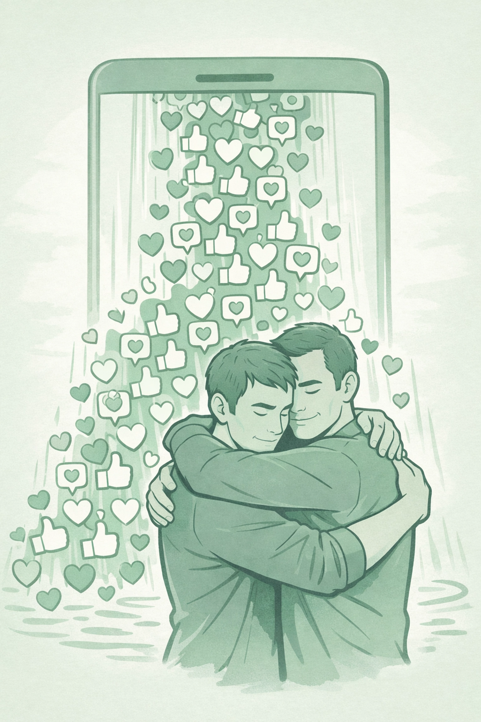 Two men embracing while positive social media reactions cascade around them