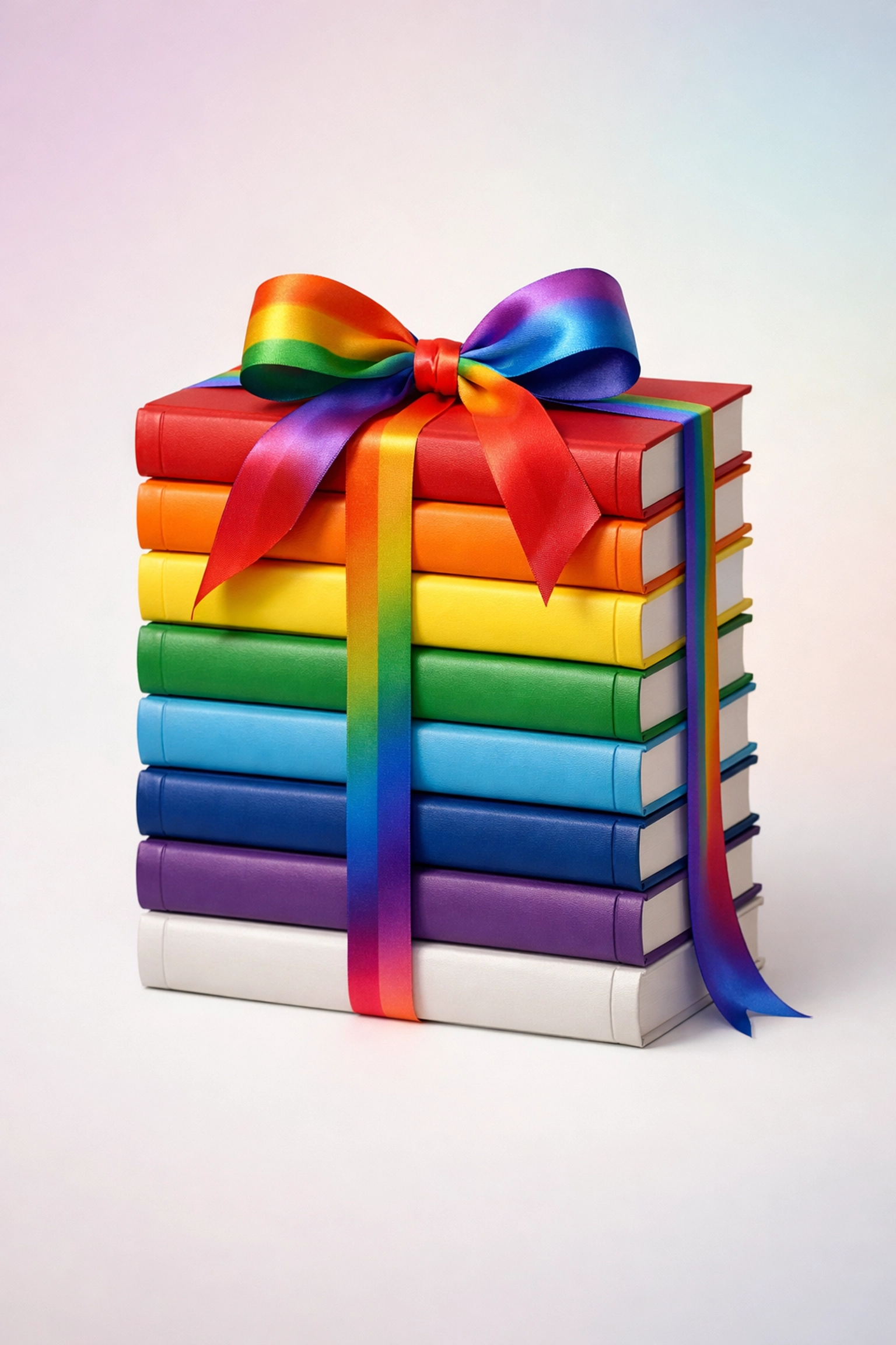 A stack of colorful books tied with a rainbow ribbon representing a diverse list of gay novels.