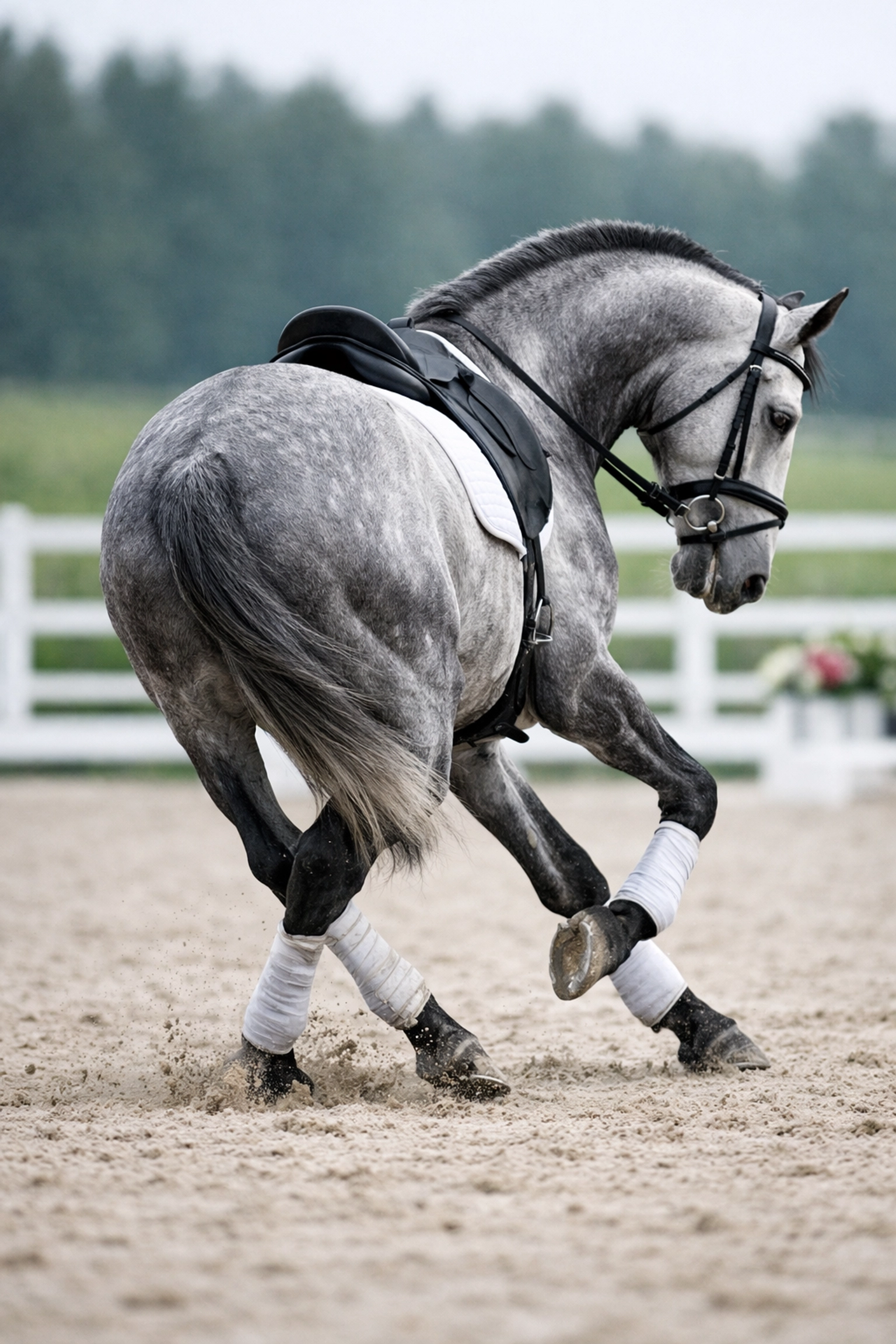 Grey sport horse demonstrating spinal flexibility and peak biomechanics during a lateral movement.