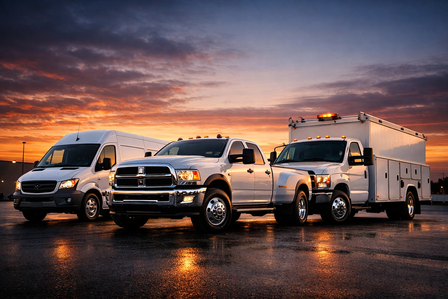 A professional commercial fleet including delivery vans and heavy-duty trucks ready for daily service.