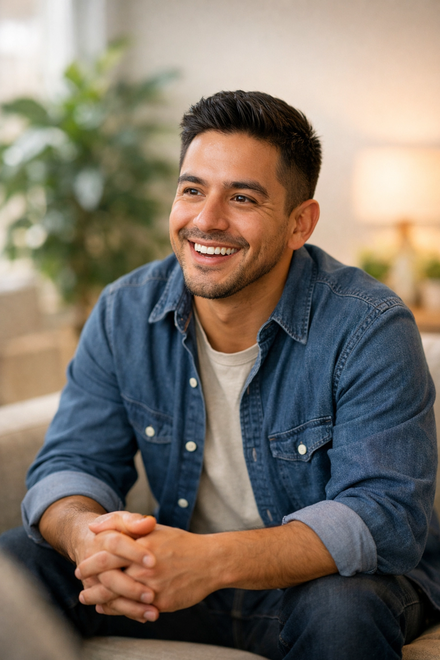 A young man experiencing a breakthrough in a modern counseling office while navigating mental health challenges.