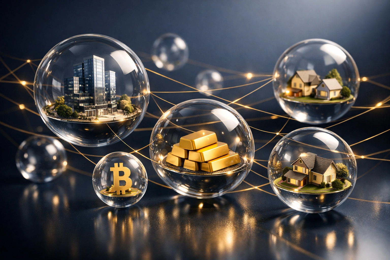 Diversified investment portfolio showing traditional and alternative assets including real estate and Bitcoin