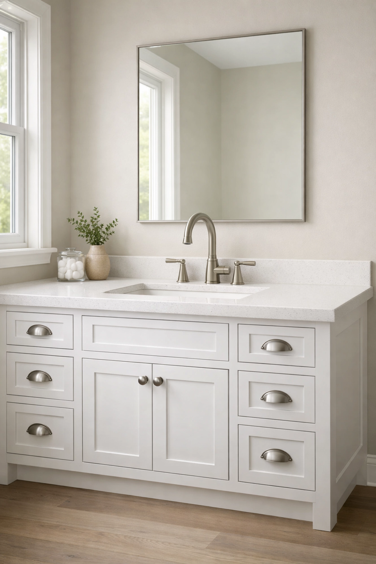 Timeless white Shaker-style custom bathroom vanity with a quartz countertop for a Minnesota home remodel.