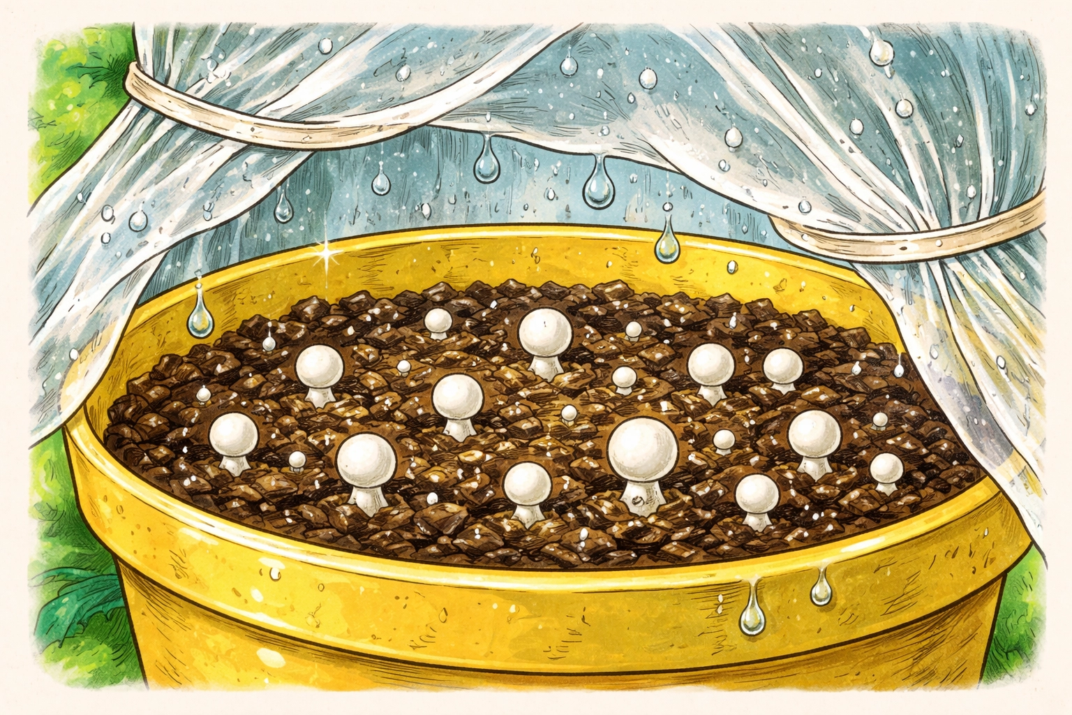 A whimsical 1950s-style storybook illustration close-up of a mushroom bucket hole with tiny white pins forming, mist droplets in the air, and a loose clear plastic humidity tent, showing what good pinning looks like.