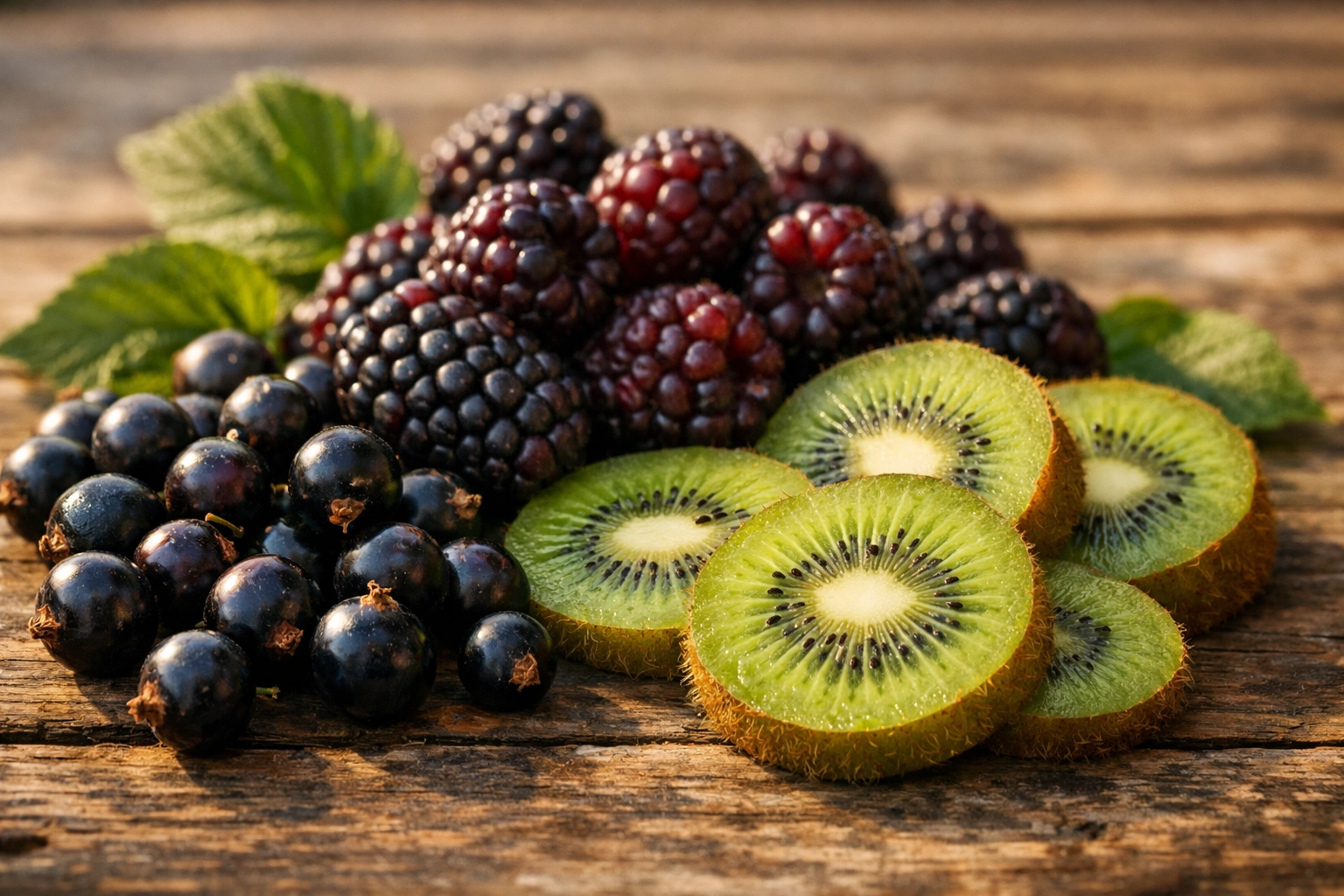 Fresh New Zealand-style superfruits including blackcurrants, boysenberries, and kiwifruit
