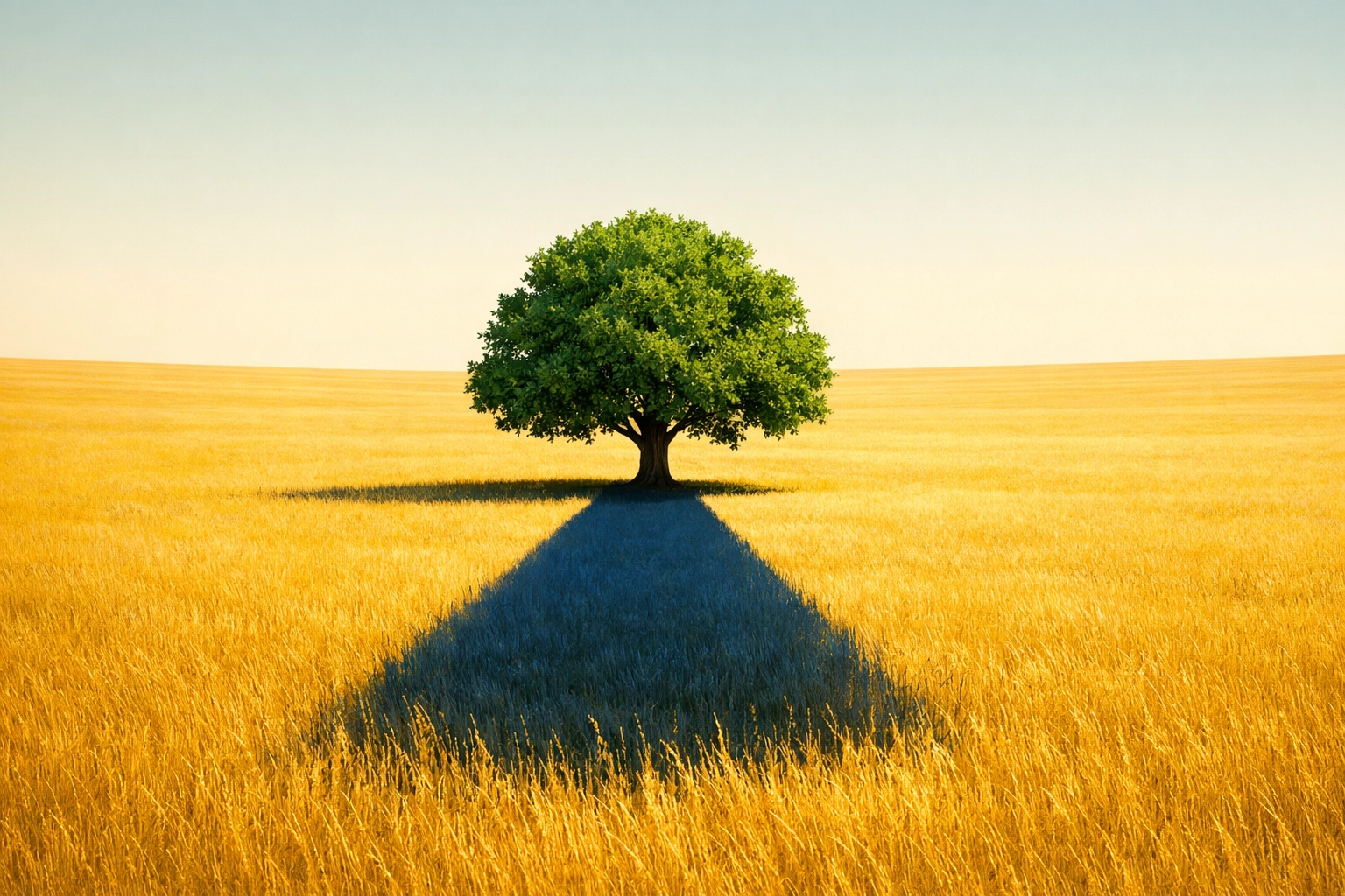 A green tree casting a cooling shadow in a bright golden field, symbolizing divine protection and refuge.