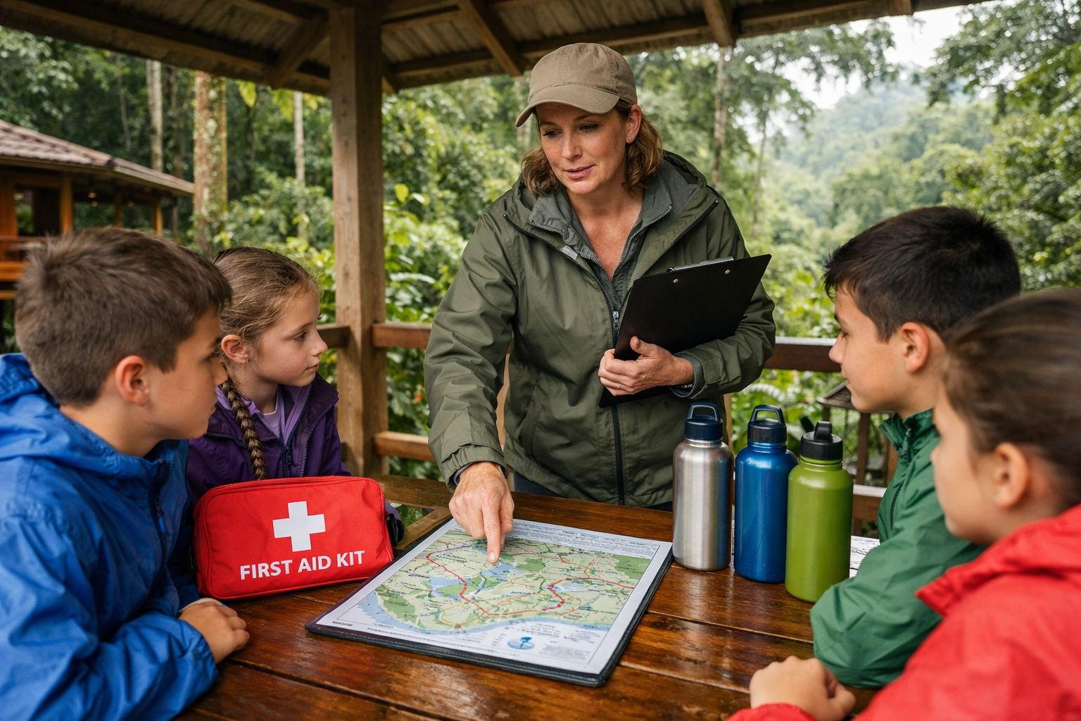 A teacher provides a safety briefing for students before a service learning project in Costa Rica.