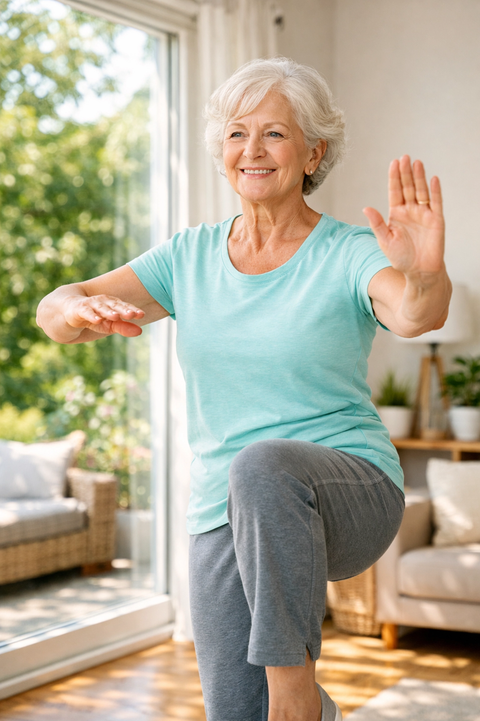 An active senior woman practicing balance exercises for fall prevention in a bright, sunny room.
