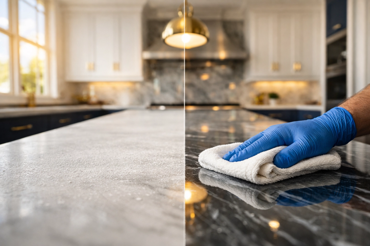 Professional post-construction cleaning service in Massachusetts removing fine dust from a luxury kitchen island.