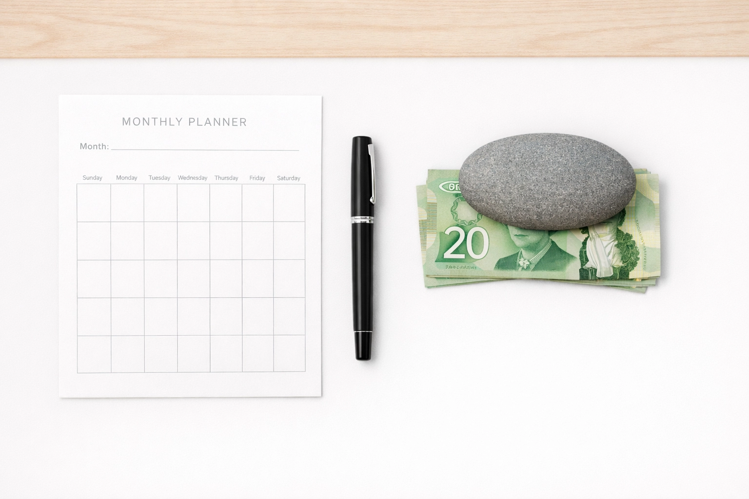 Stack of Canadian bills and a planner used for budgeting and managing cash advances.