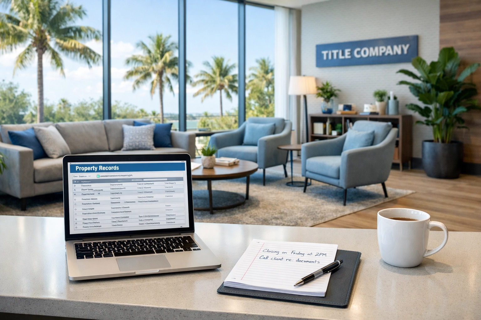 Professional title company office workspace in Fort Lauderdale with modern interior