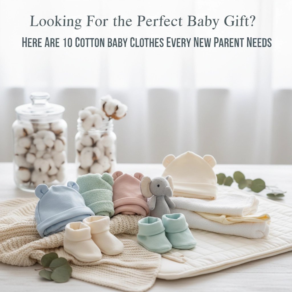Soft pastel baby clothes and booties arranged on a blanket, with cotton jars in the background. Text: "Looking For the Perfect Baby Gift?"