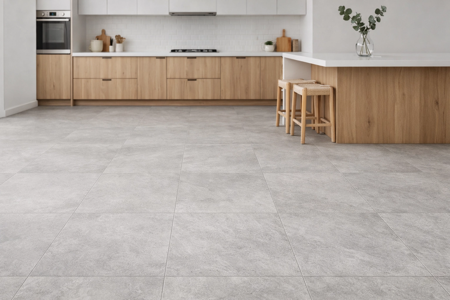 Contemporary kitchen with durable light grey stone effect luxury vinyl tile flooring.