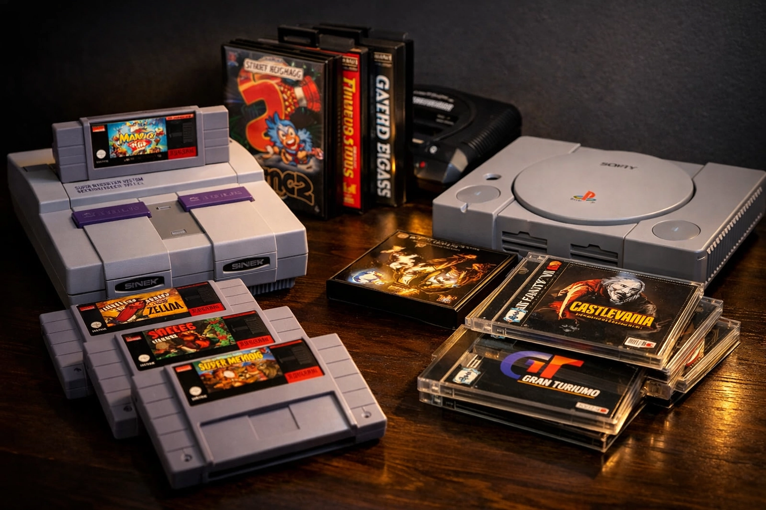 Vintage 90s video game consoles including Super Nintendo, Sega Genesis, and PlayStation with cartridges
