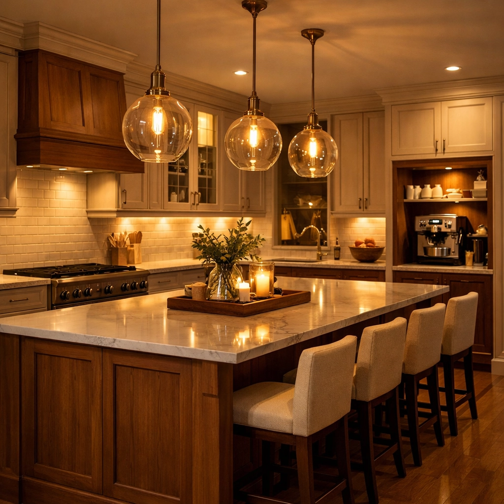 Luxury bespoke kitchen with custom cabinetry and warm pendant lighting in a Western suburbs home.