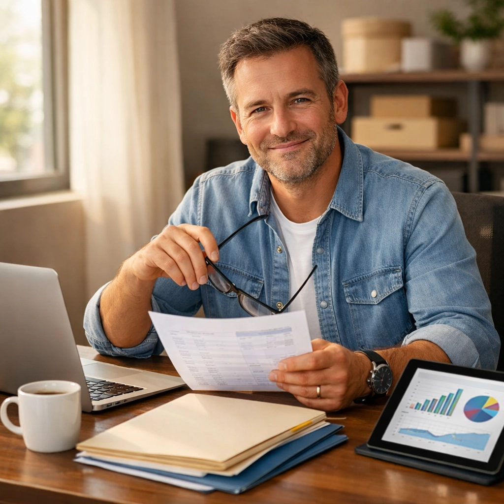Small business owner confidently reviewing financial documents with organized bookkeeping