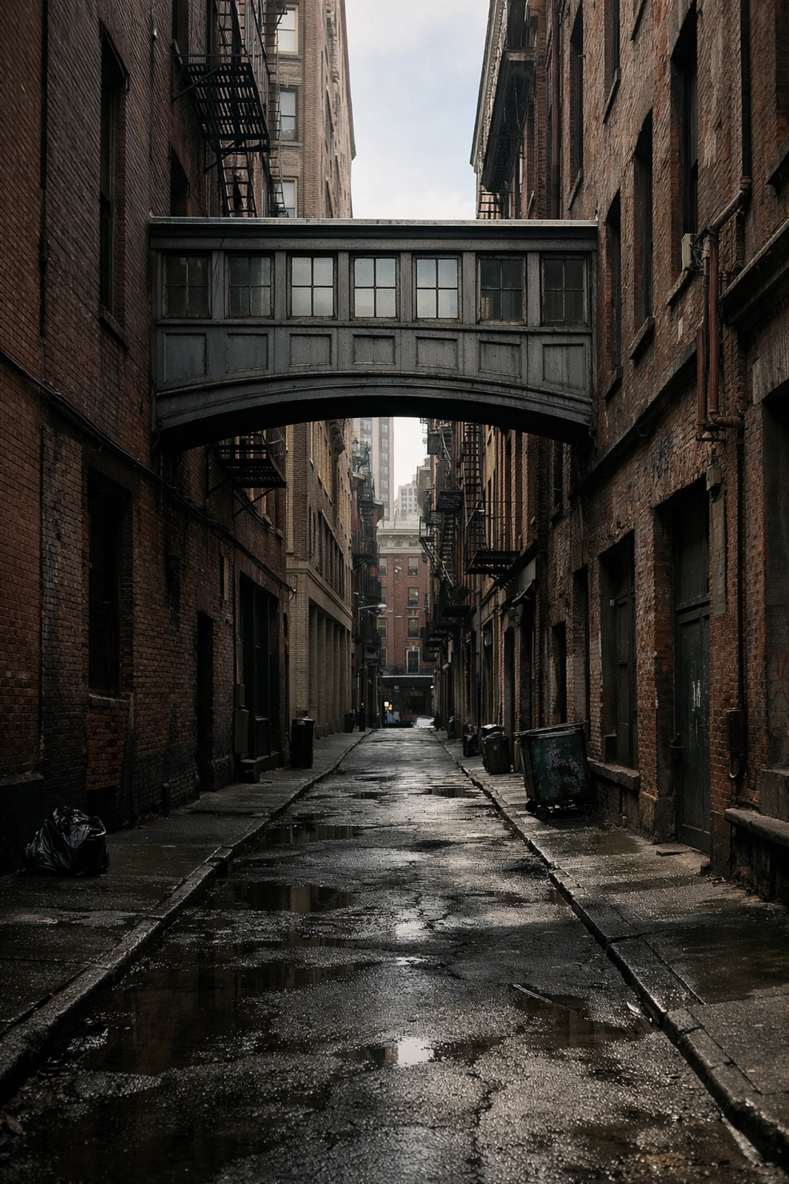 Iconic Staple Street skybridge in Tribeca with dramatic shadows, captured for fine art photography.