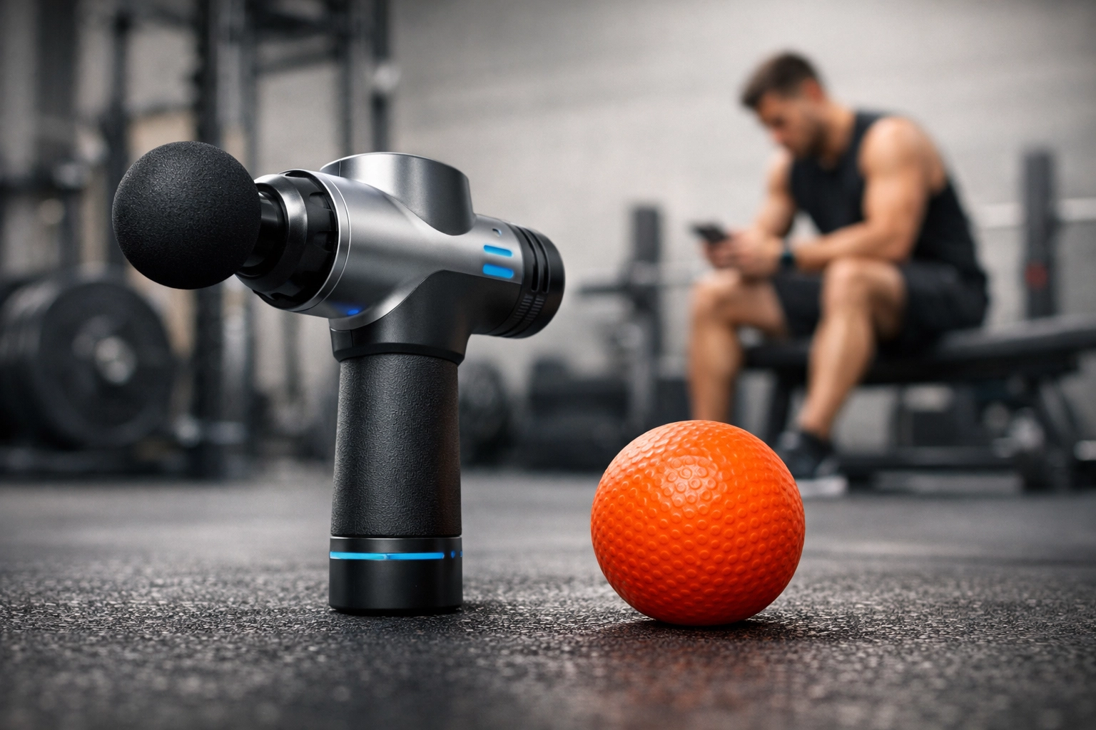 Percussion massage gun and orange massage ball on a gym floor for athlete muscle recovery.