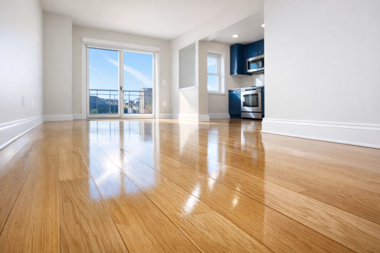 A spotless unfurnished apartment living room in Worcester after professional move-out cleaning services.
