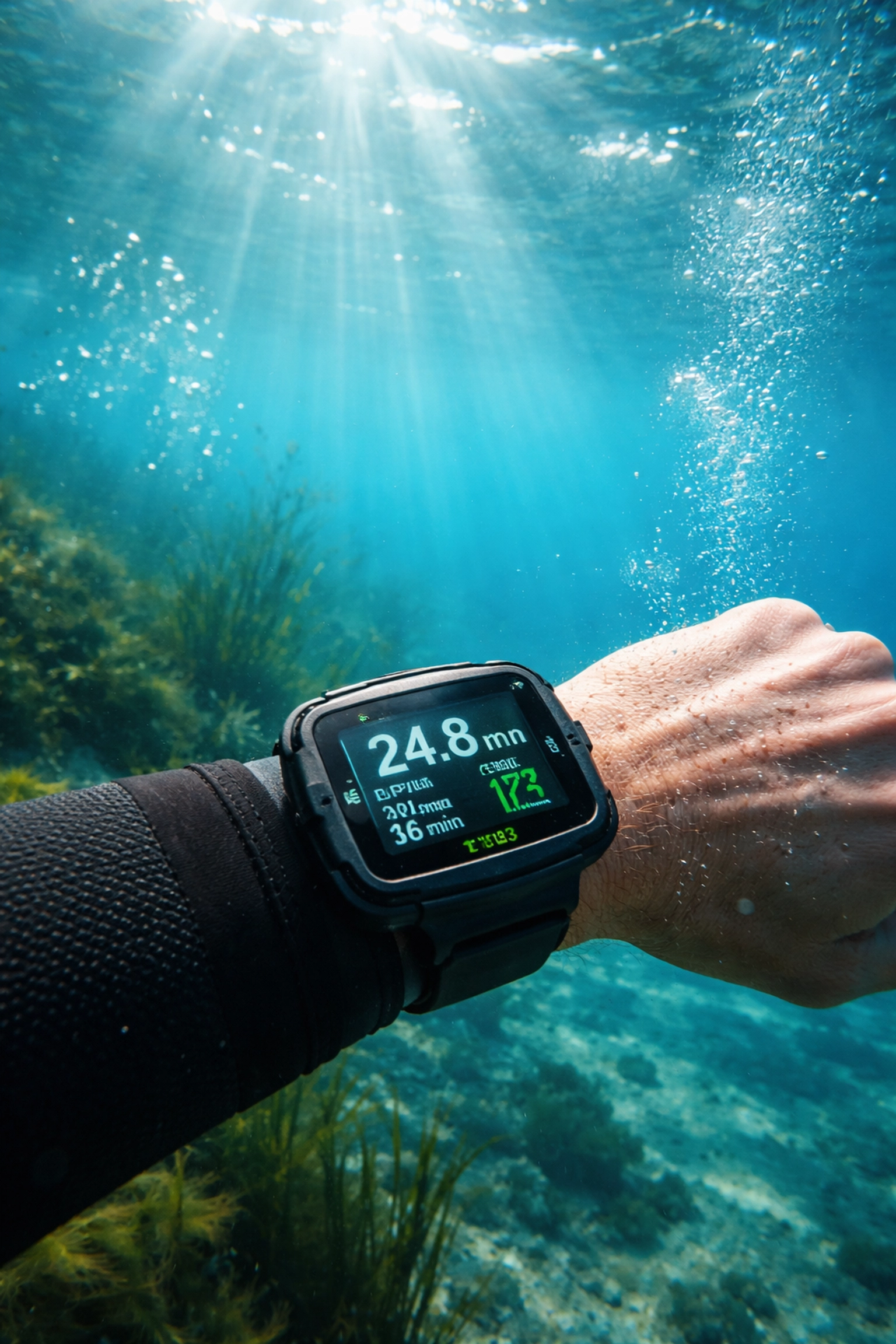 Nahaufnahme eines Tauchers mit Tauchcomputer am Handgelenk im klaren Goitzschesee, Lichtstrahlen leuchten durchs Wasser