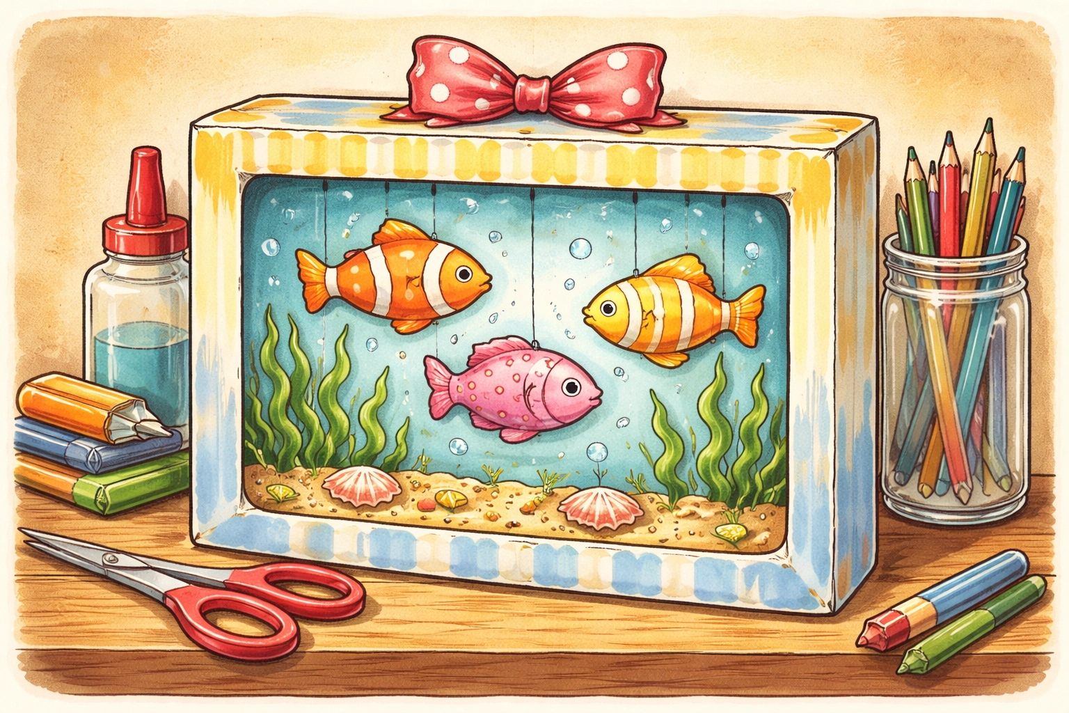 Completed cereal box aquarium with hanging paper fish, seaweed, and ocean floor, family-friendly DIY project