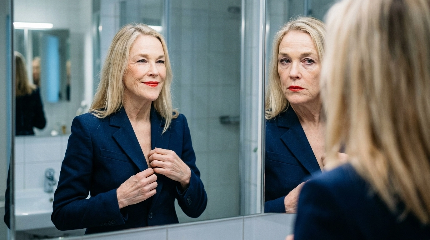 A woman adjusts her blazer in a mirror, her reflection smiling while her eyes remain tired.