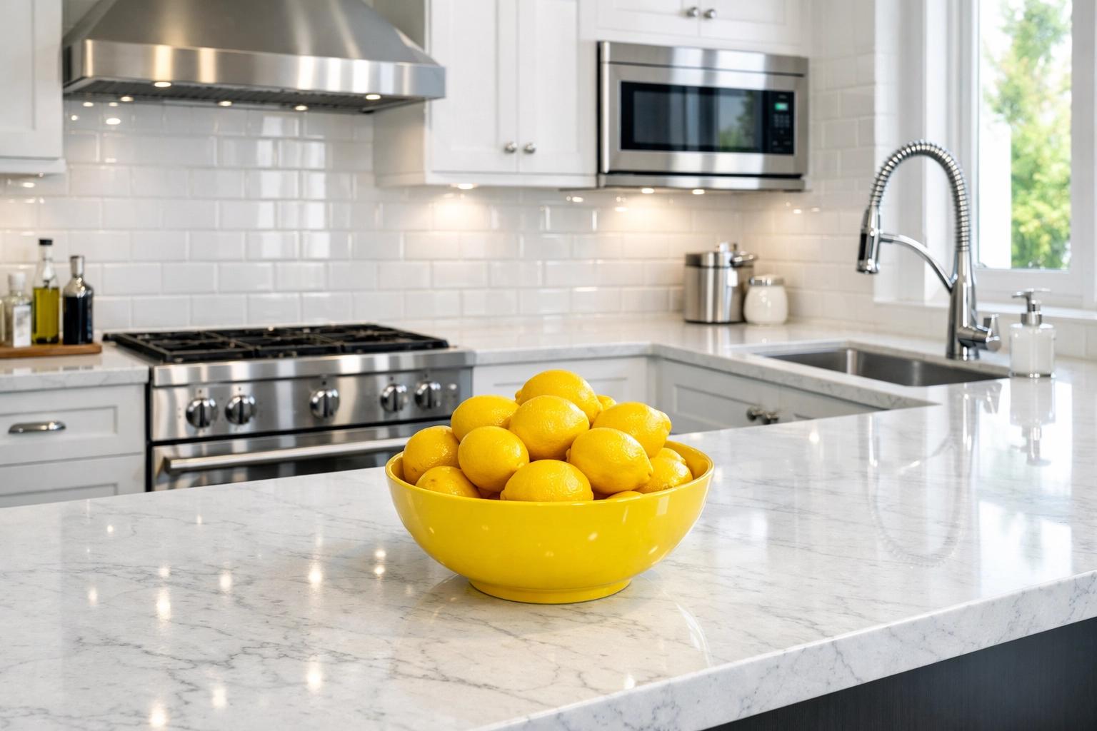 Sparkling kitchen following professional deep cleaning in Ashby with marble countertops.
