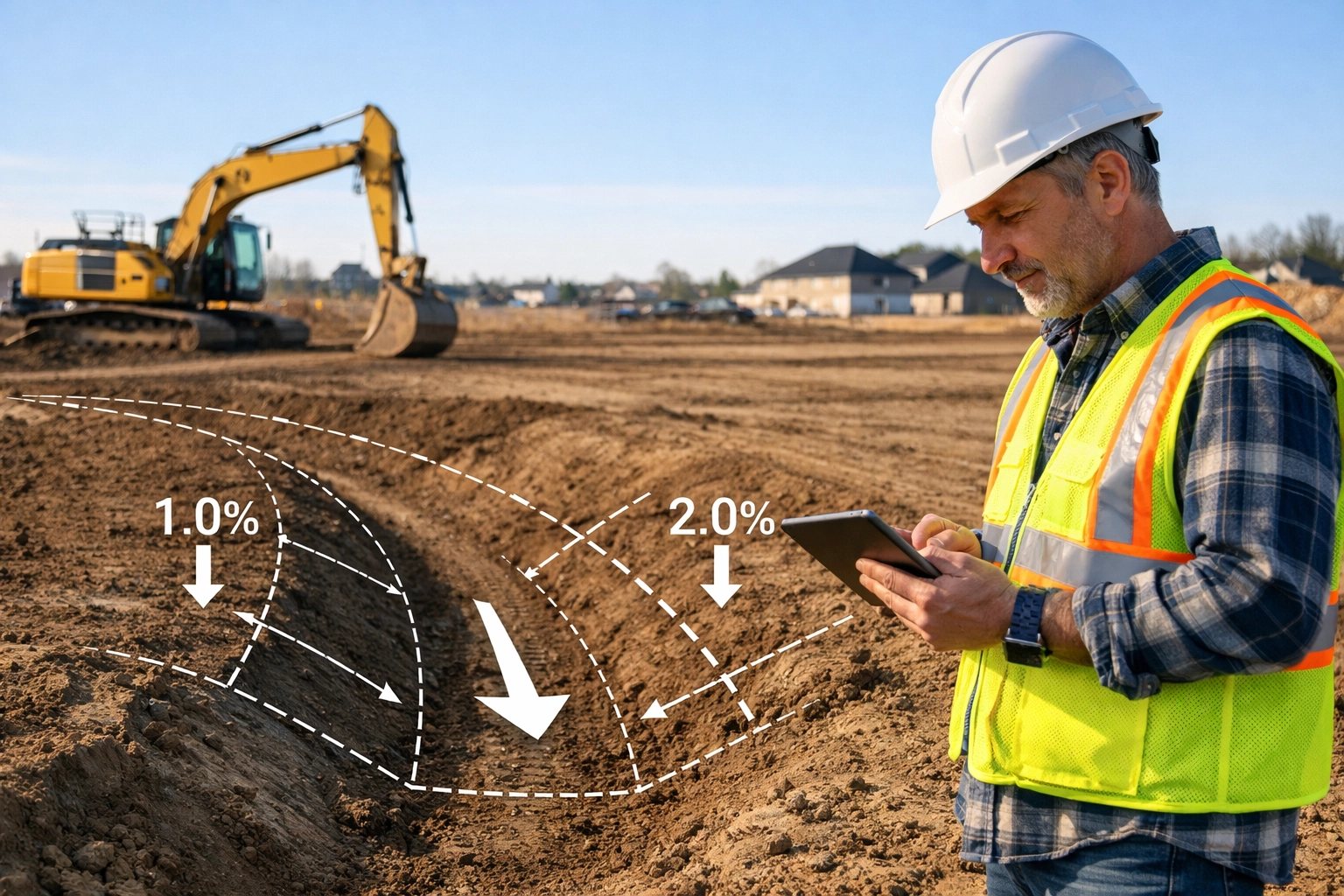 Professional engineer inspecting residential site grading and drainage swales on an Ontario construction site.
