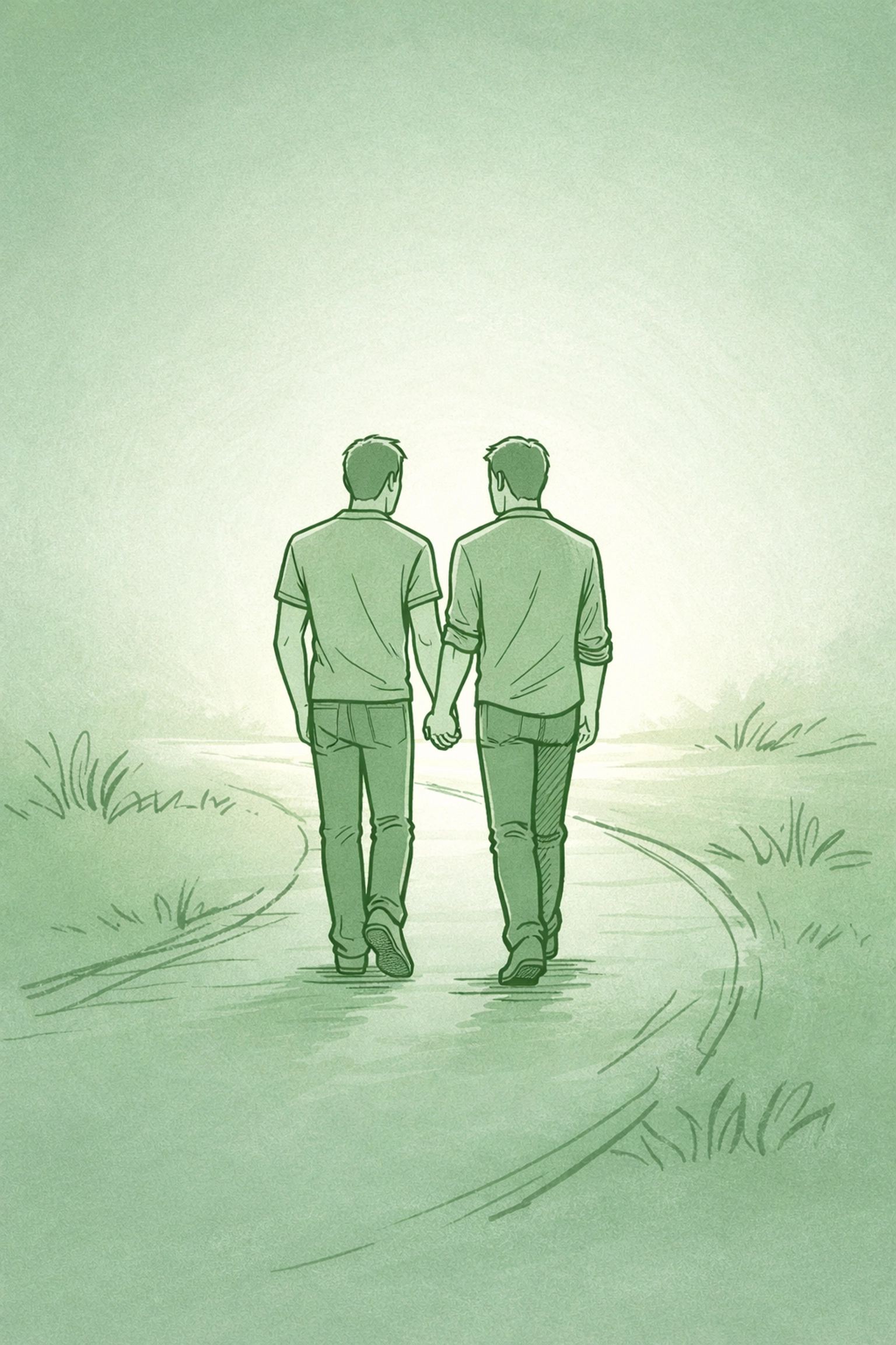 MM couple walking together toward light, representing a literary redemption arc.