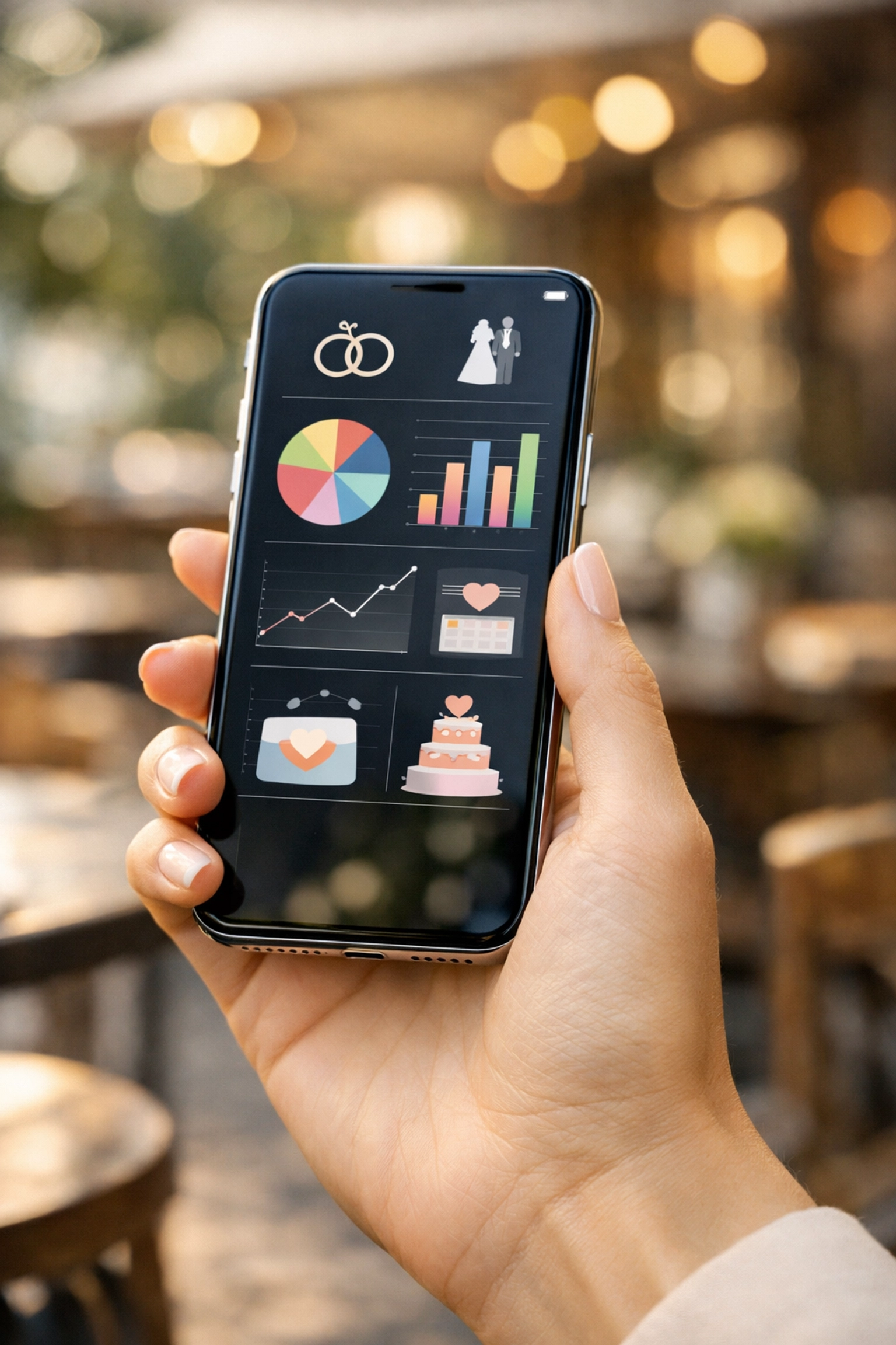 Close-up of a bride-to-be tracking digital RSVPs and wedding budget on a smartphone.