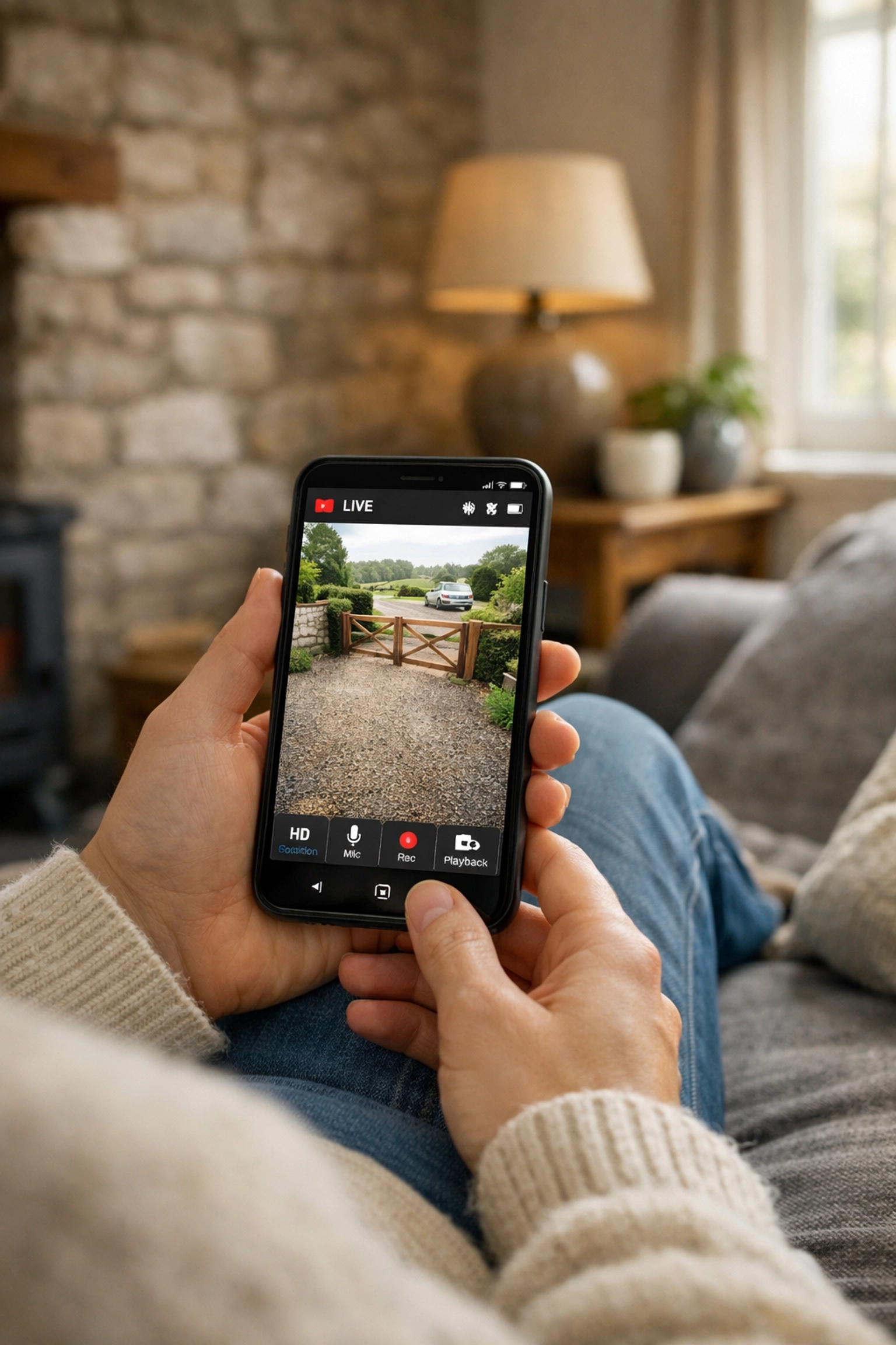 Homeowner using a smartphone app to monitor their CCTV installation in Frome for smart home security.