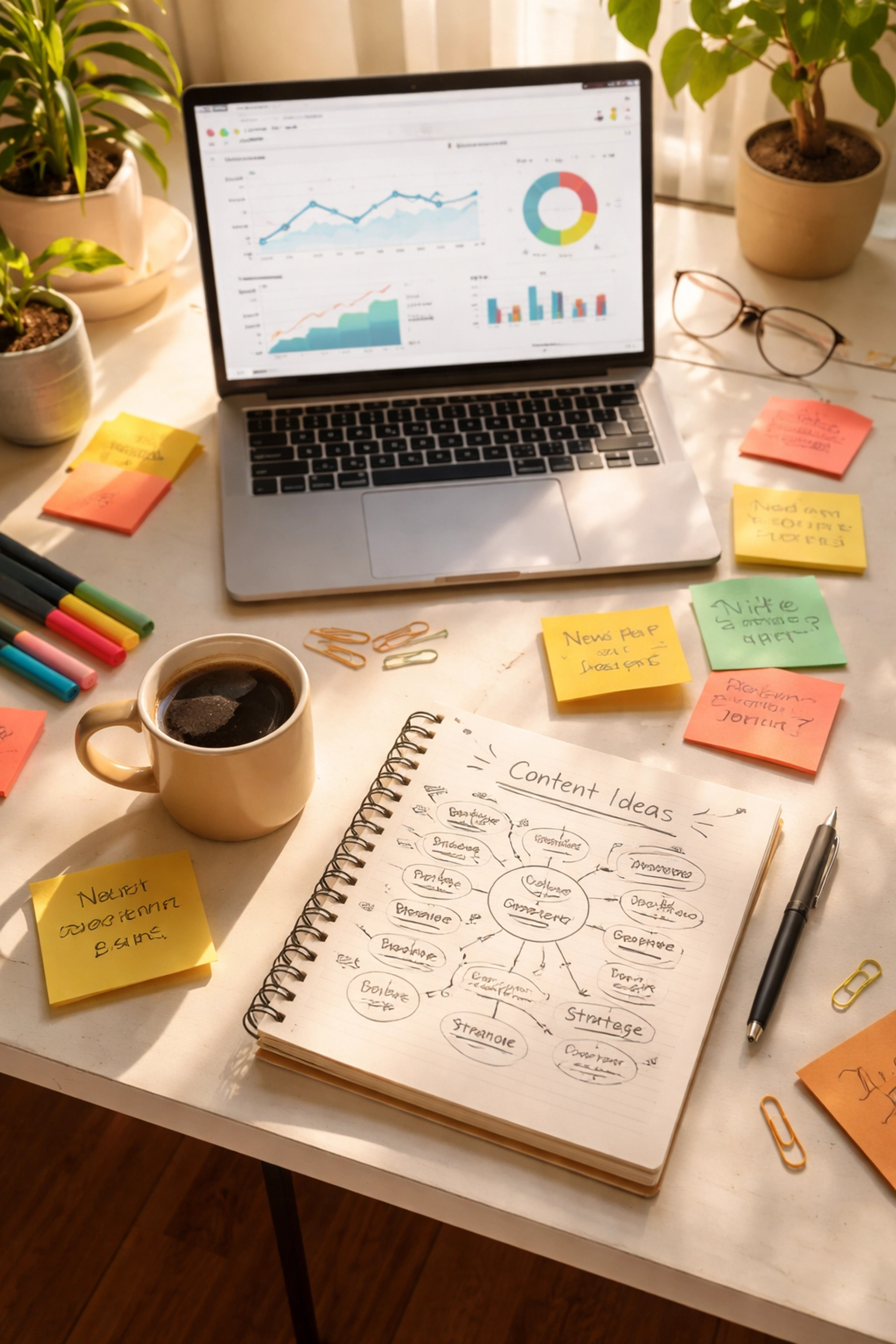 Overhead view of workspace with analytics, sticky notes, and coffee, showing content creation and SEO strategy brainstorming.