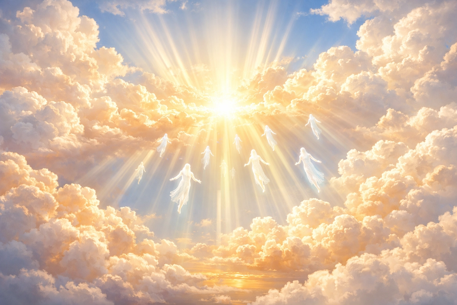 Believers being caught up to meet Jesus in the clouds during the biblical Rapture event.