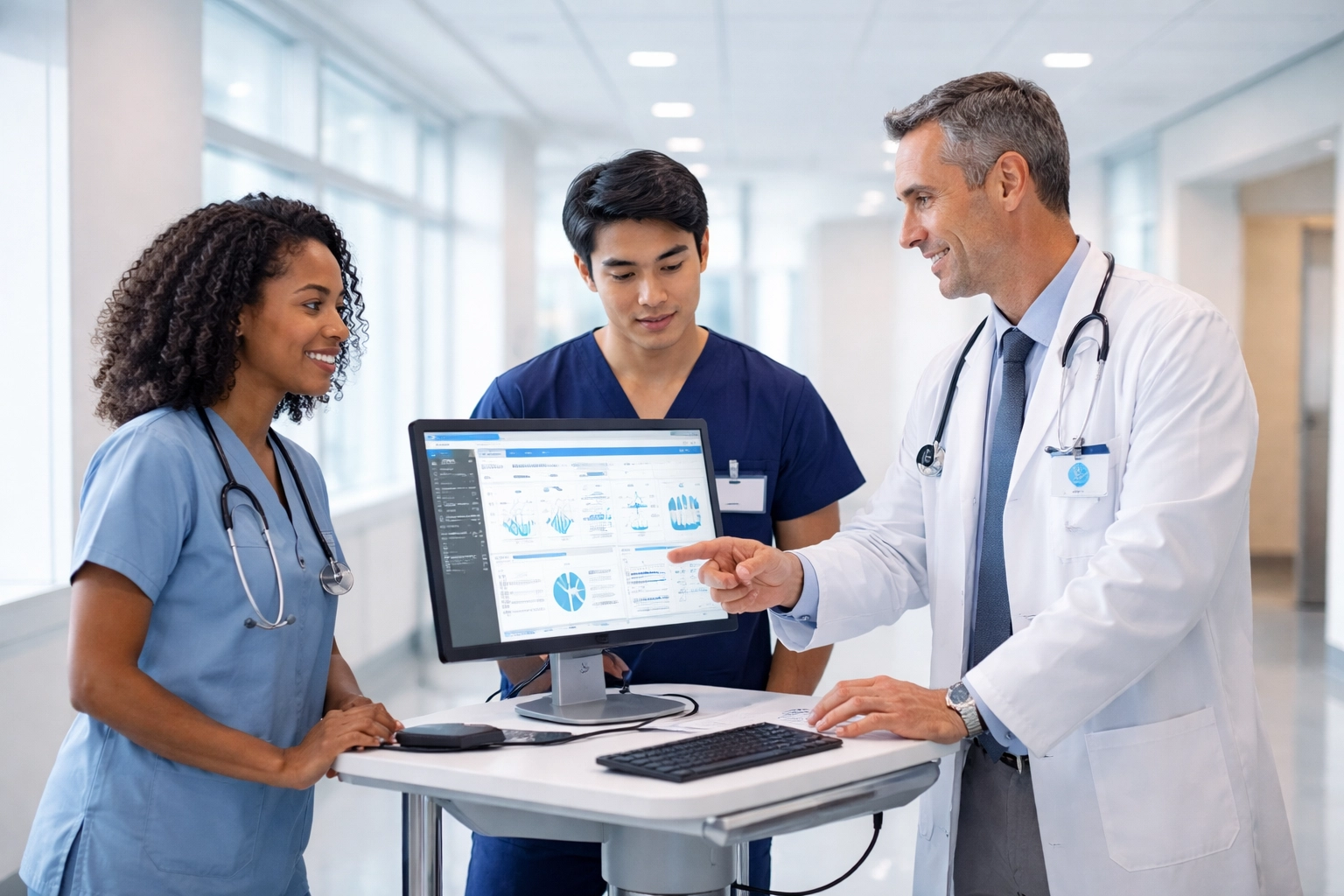 Healthcare team collaborates at a workstation, reviewing clinical decision support data integrated with EHR in a bright hospital corridor.