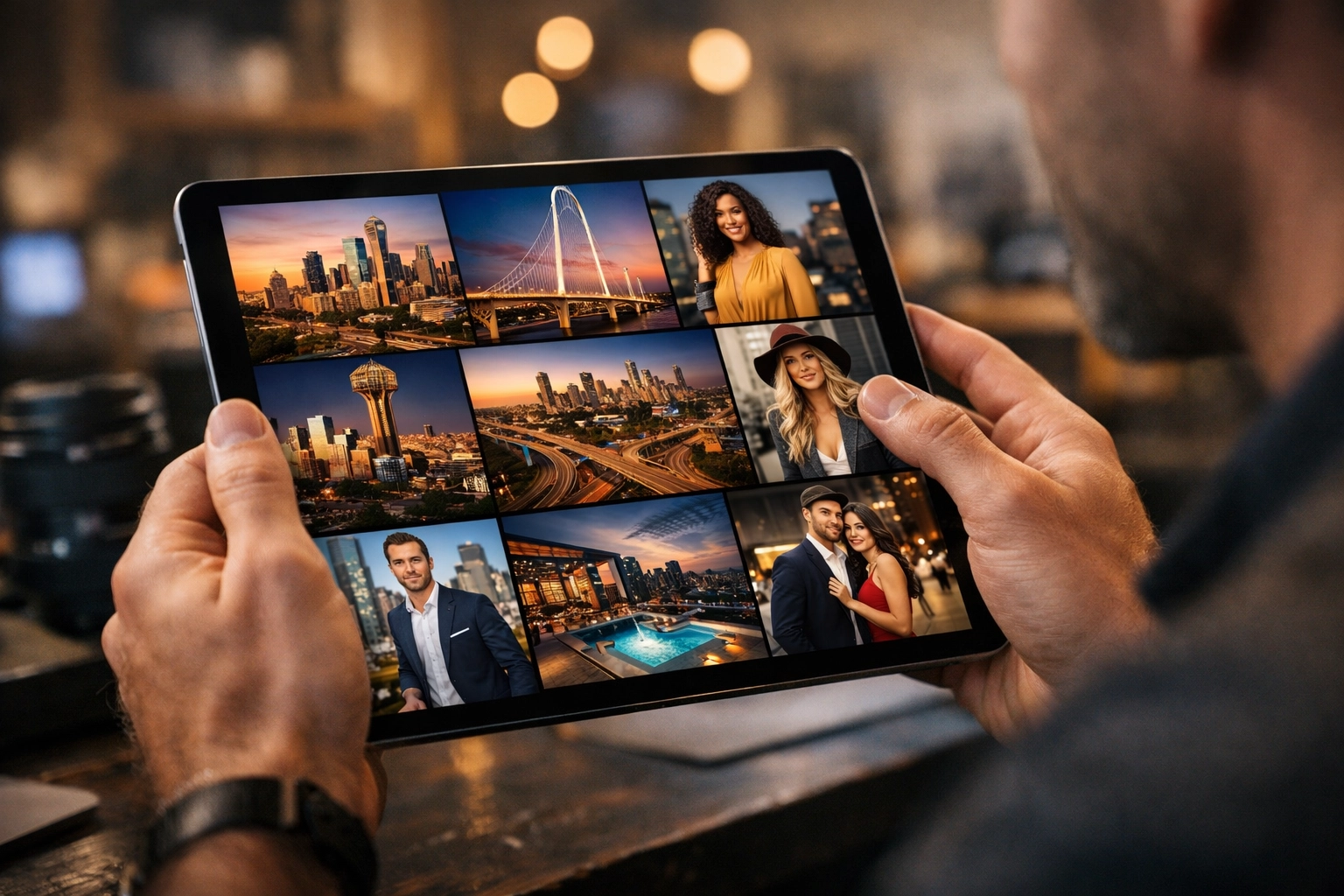 Reviewing a professional photography portfolio on a tablet in a Dallas creative studio.