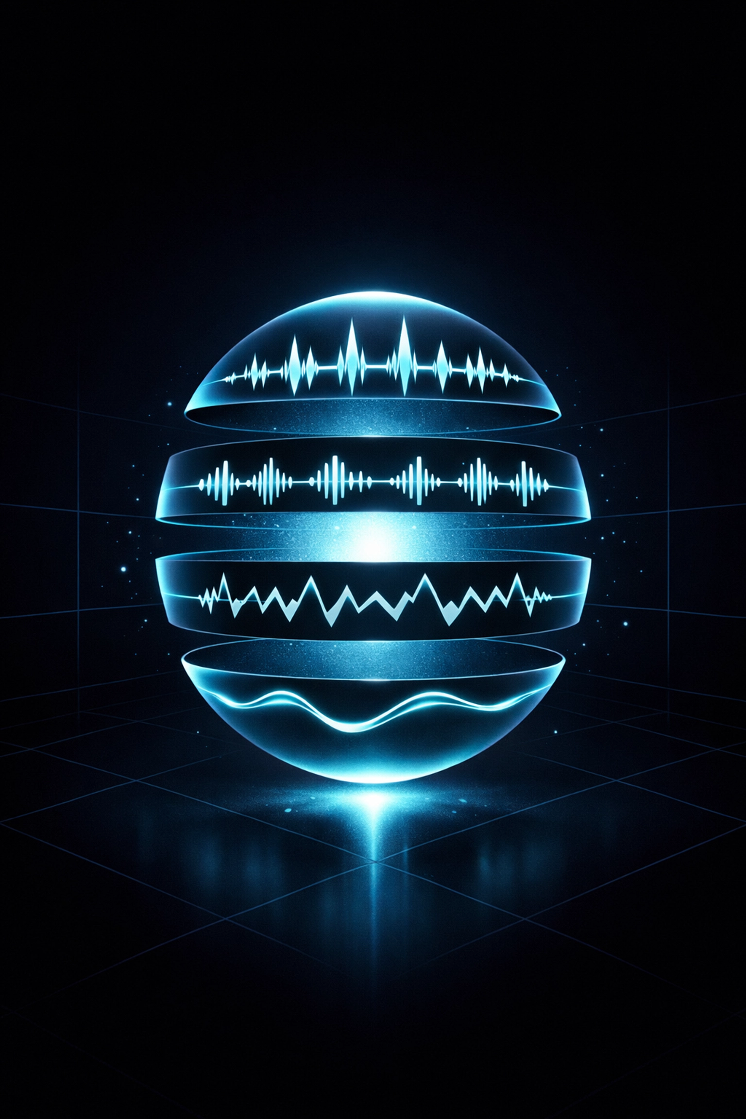 Futuristic visualization of AI stem separation deconstructing a sound wave into distinct layers.