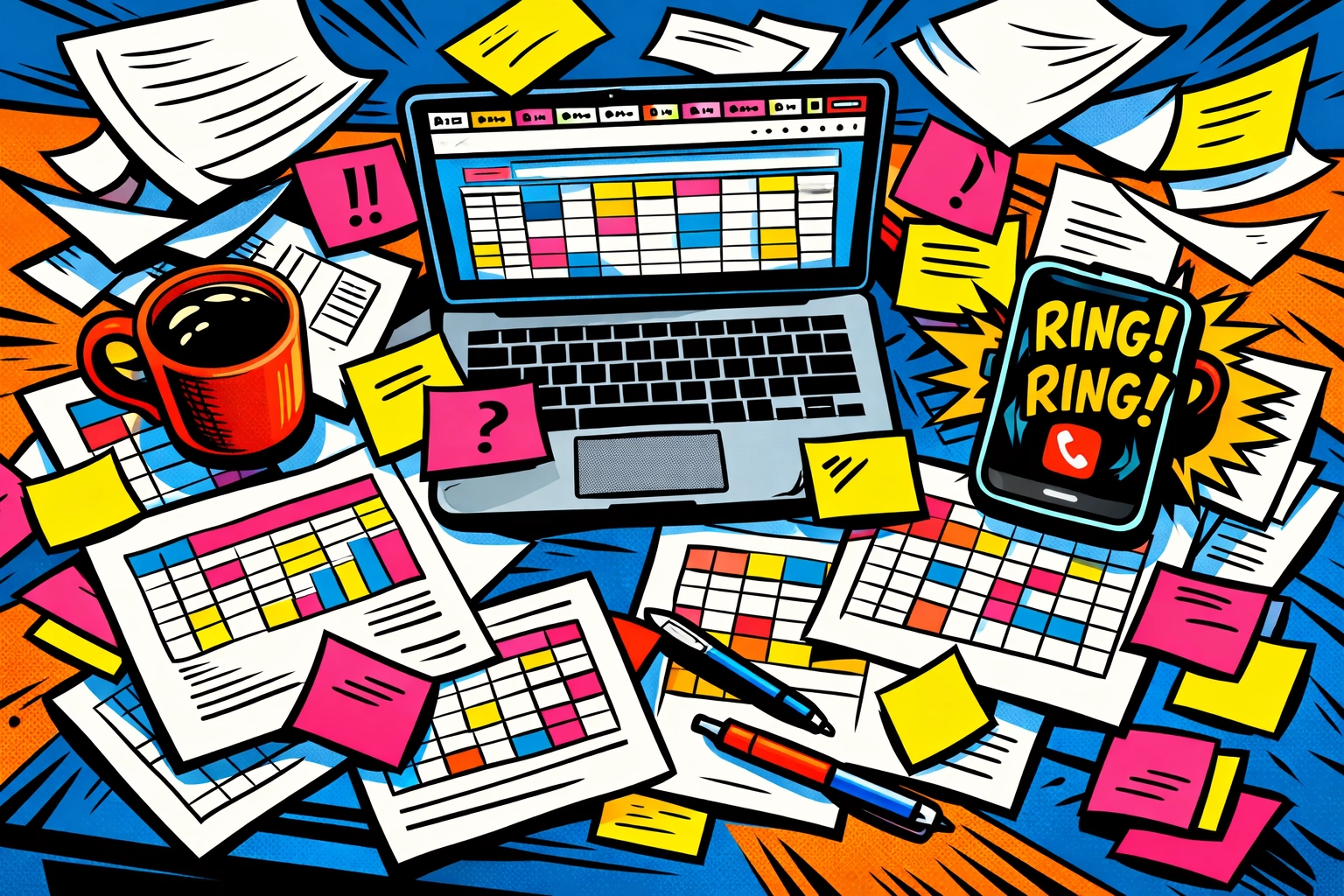 Chaotic small business desk with multiple spreadsheets and disorganized workflow