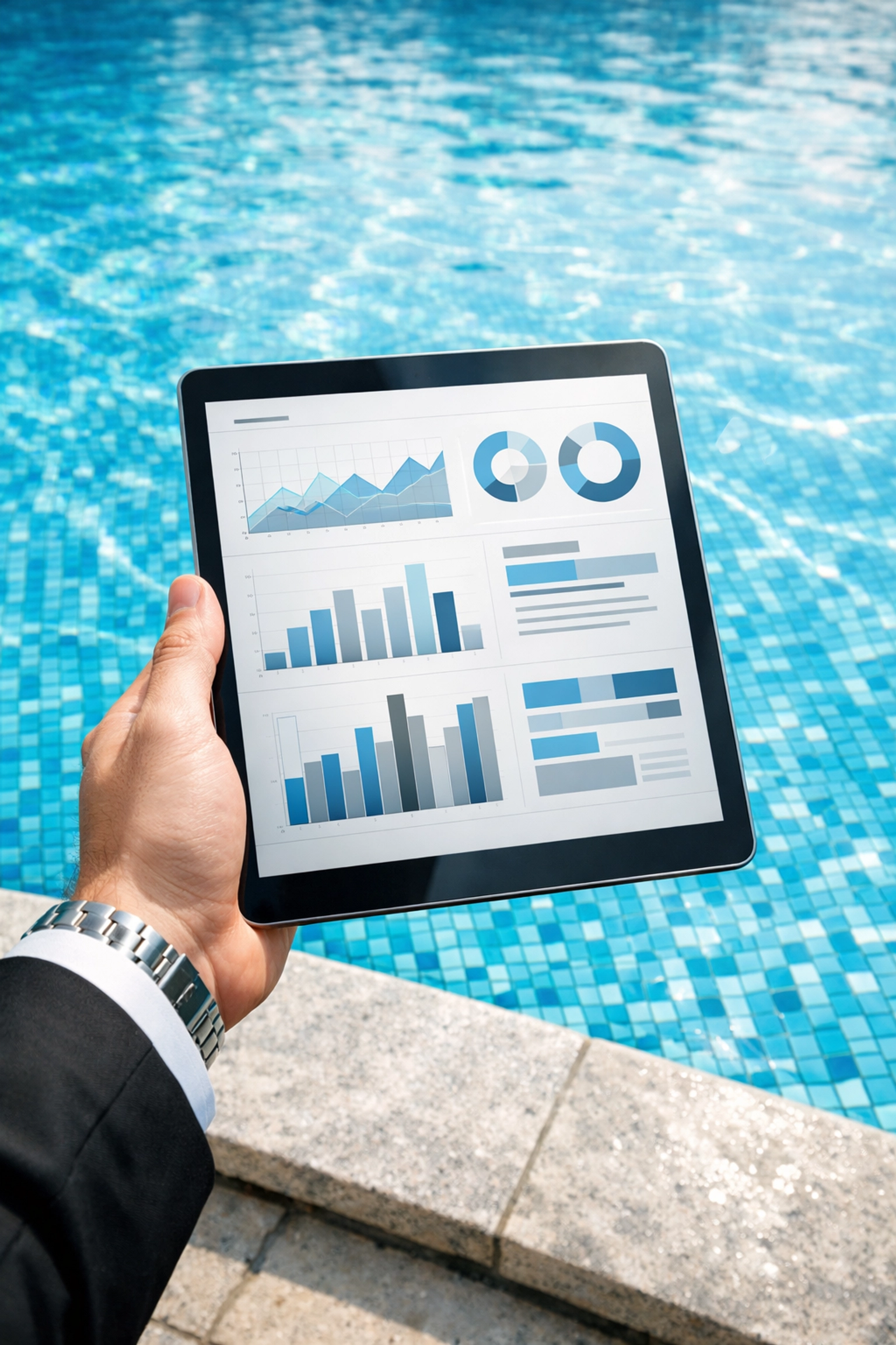 A digital tablet tracking pool service metrics to ensure transparency and a higher pool route valuation.