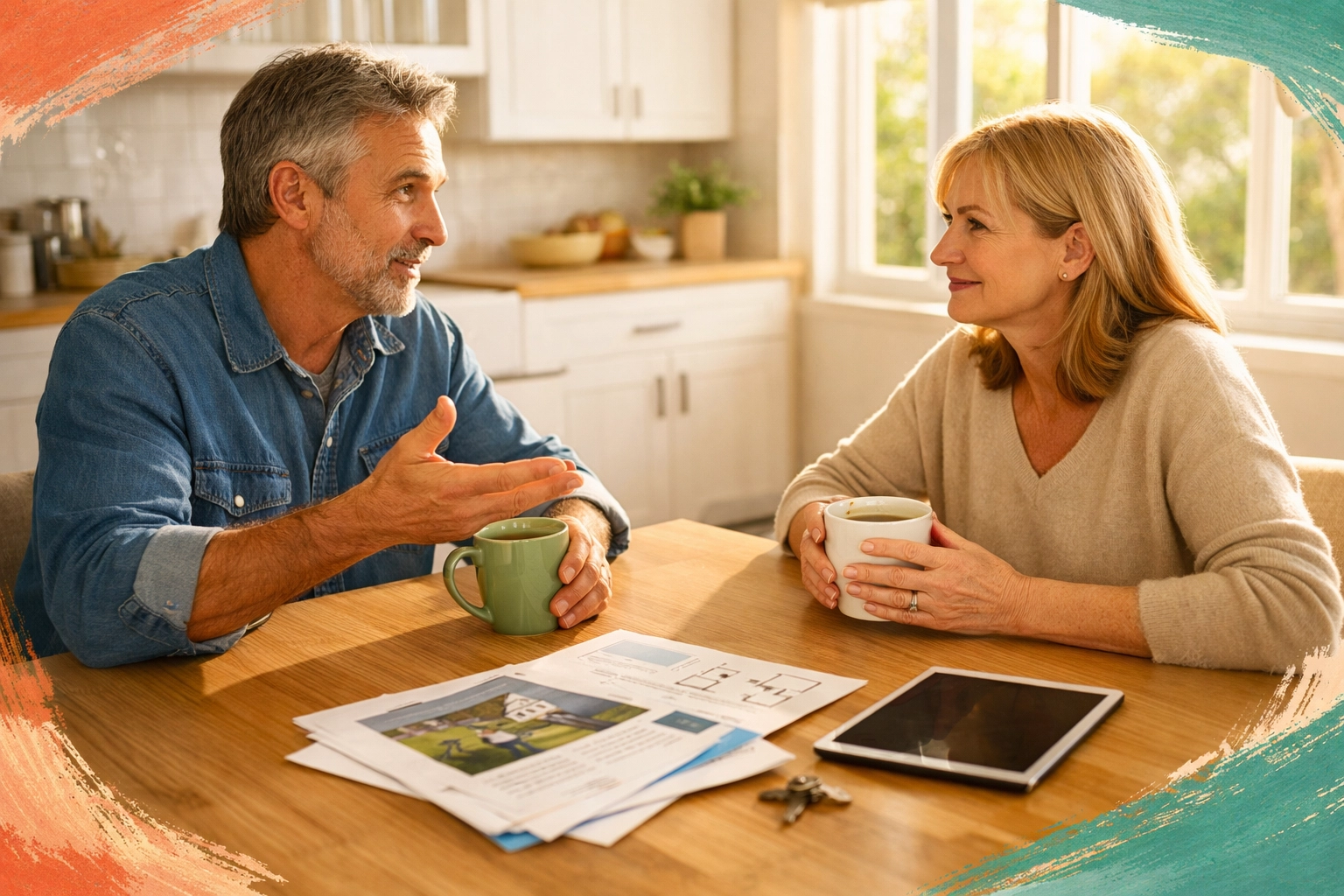 Two people having conversation about home buying over coffee at kitchen table with documents Two people having conversation about home buying over coffee at kitchen table with documents