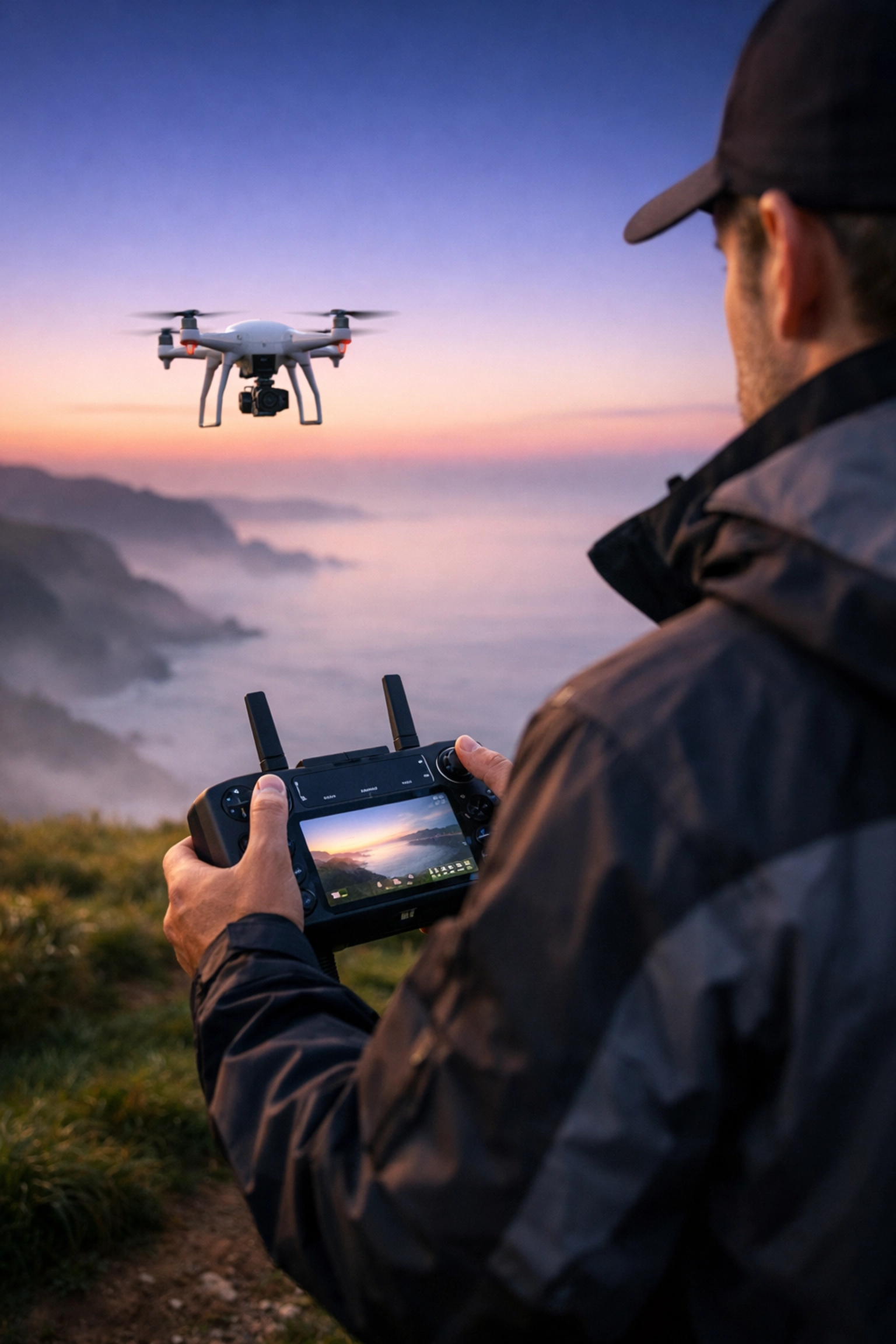 Licensed pilot performing a drone ashes scattering memorial ceremony over a misty ocean coastline at dawn.