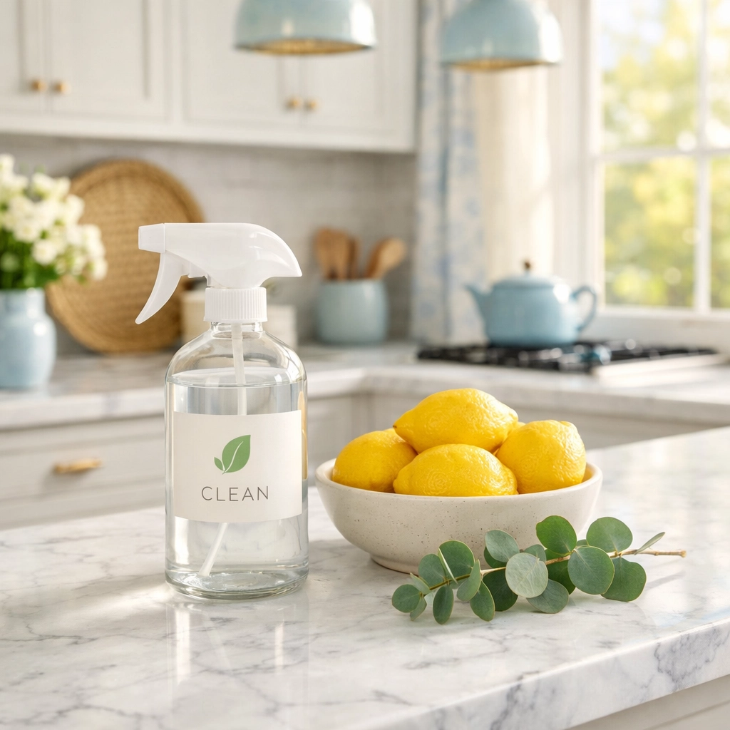Eco-friendly house cleaning service Newton: a pristine kitchen with marble countertops and green cleaning supplies.