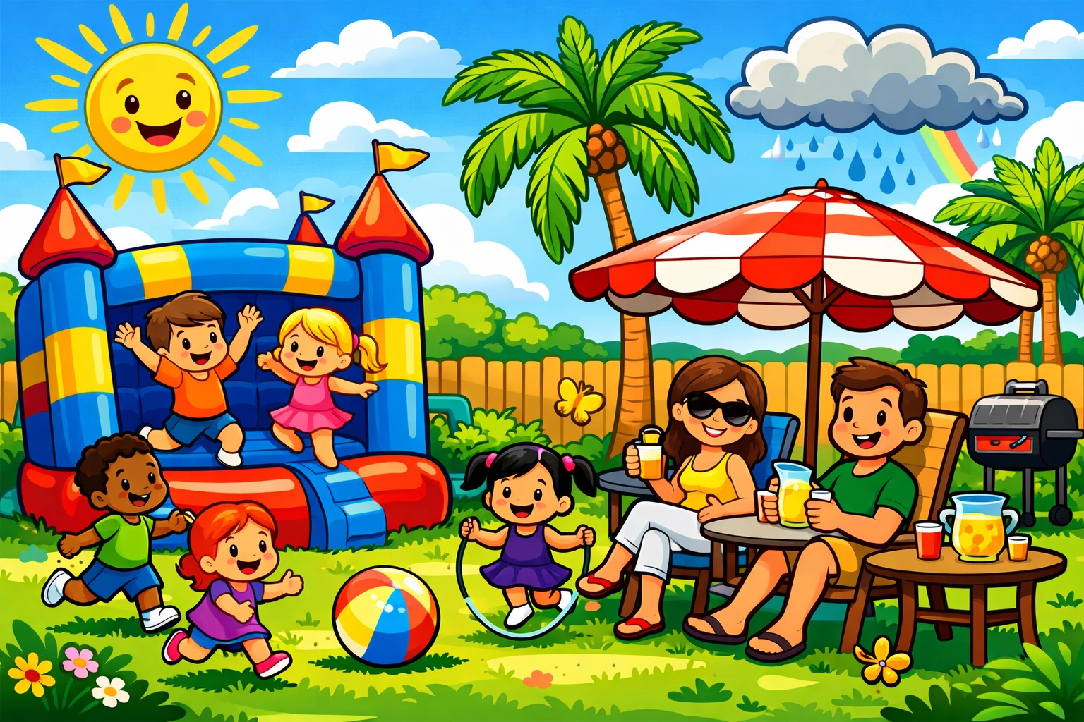 Florida backyard party with bounce house under palm trees and changing weather conditions