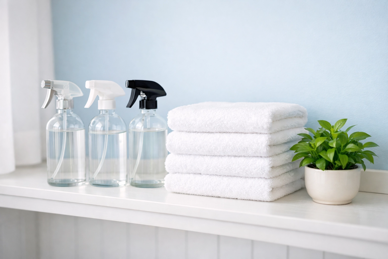 Eco-friendly cleaning supplies and fresh towels in a Mansfield utility room representing safe home cleaning services.